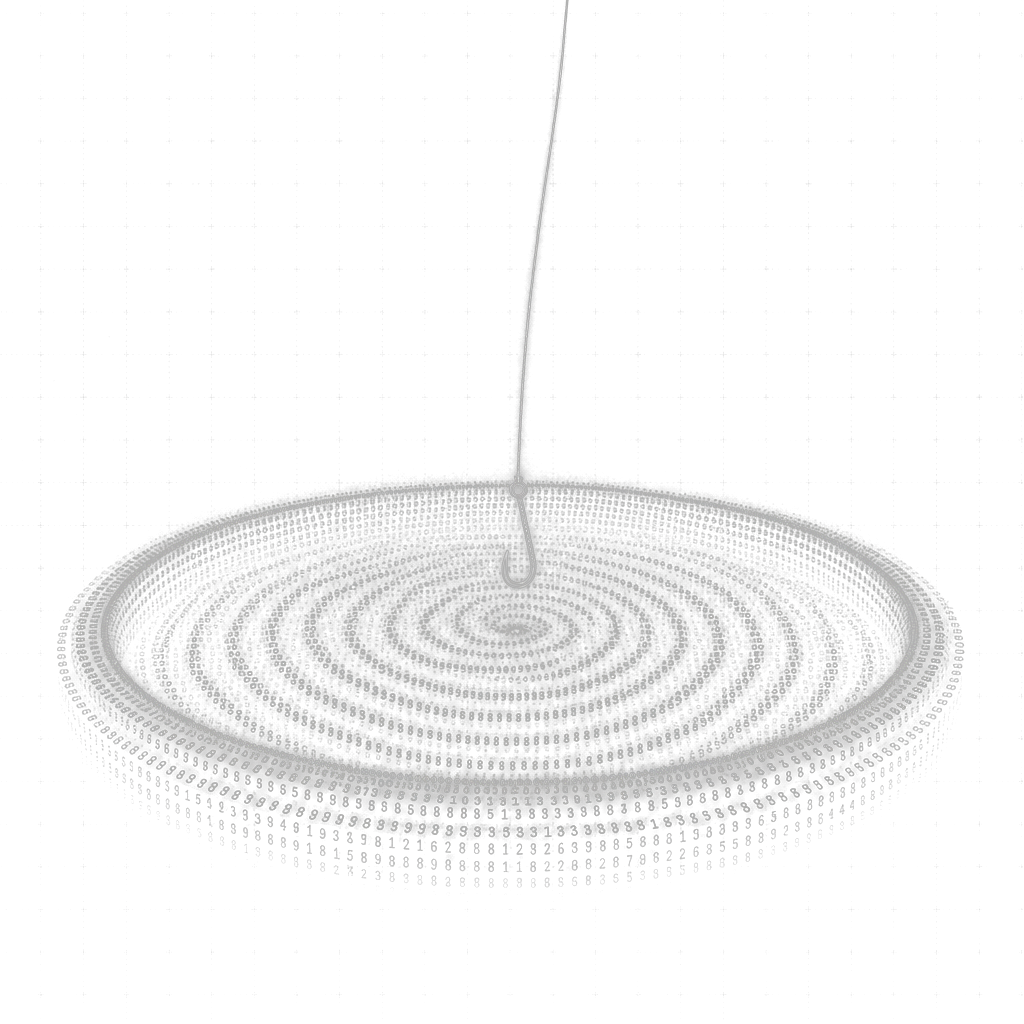 A fishing hook above a spiral well of digits